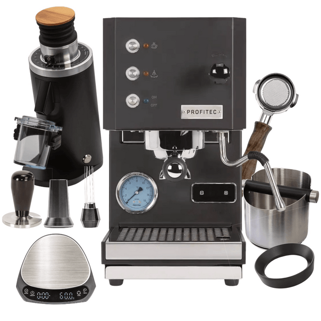 Profitec Go Espresso Machine (Black) & DF54 Grinder (Black), WDT tool, Brown Wood Bottomless Portafilter, Scale, Dosing Funnel "Ready To" Bundle Espresso Machine Profitec
