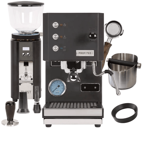 Profitec Go Espresso Machine (Black) & Profitec Twist A54 Grinder (Black), WDT tool, Brown Wood Bottomless Portafilter, Knock Box, Dosing Funnel "Ready To" Bundle Espresso Machine Profitec