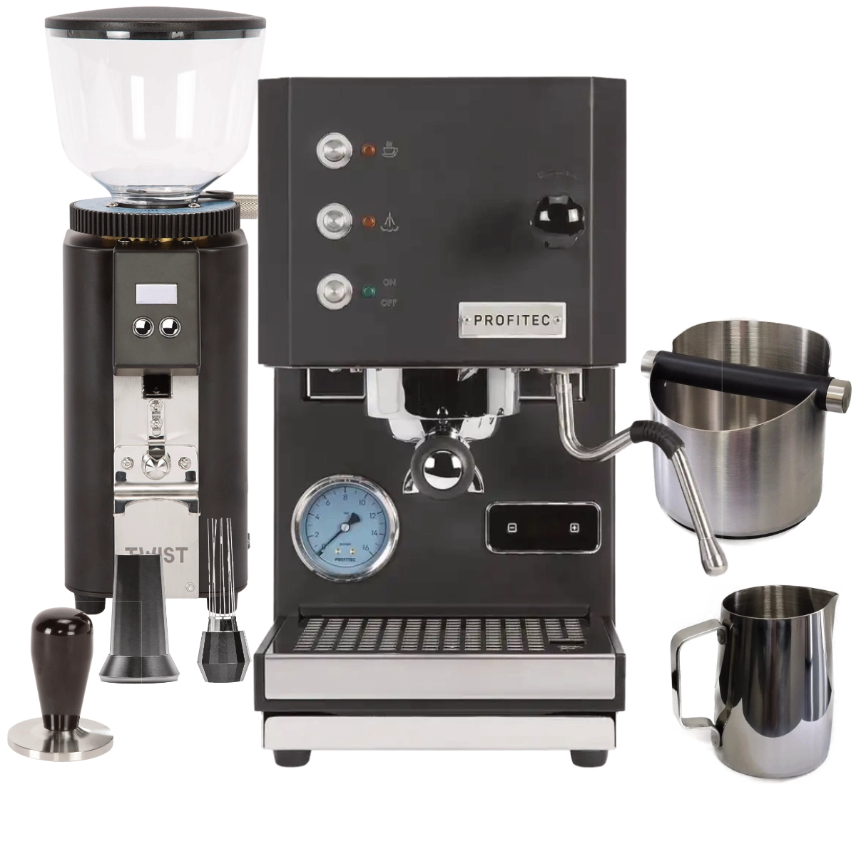 Profitec GO & Twist A54 (Black) "Ready to Go" Espresso Bundle – PID Temperature Control, Matching Coffee Grinder & Complete Barista Kit Espresso Machine (Prosumer) Profitec