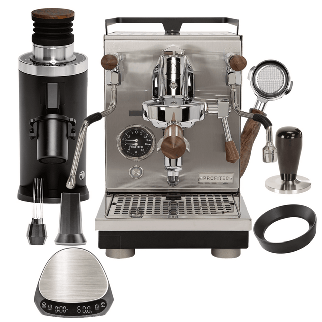 The Profitec Jump Espresso Machine & DF64 Grinder "Ready To" Bundle combines style and precision, featuring a black machine, Red Speed Titanium burr grinder, WDT tool, brown wood bottomless portafilter, scale, and dosing funnel.