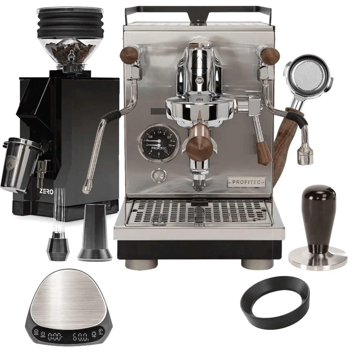 Profitec Jump Espresso Machine & Eureka Zero Grinder (Black w/ Black Spout), WDT tool, HCS Brown Wood Bottomless Portafilter, Scale, Dosing Funnel "Ready To" Bundle Espresso Machine Profitec