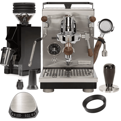 Profitec Jump Espresso Machine & Eureka Zero Grinder (Black w/ Black Spout), WDT tool, HCS Brown Wood Bottomless Portafilter, Scale, Dosing Funnel "Ready To" Bundle Espresso Machine Profitec