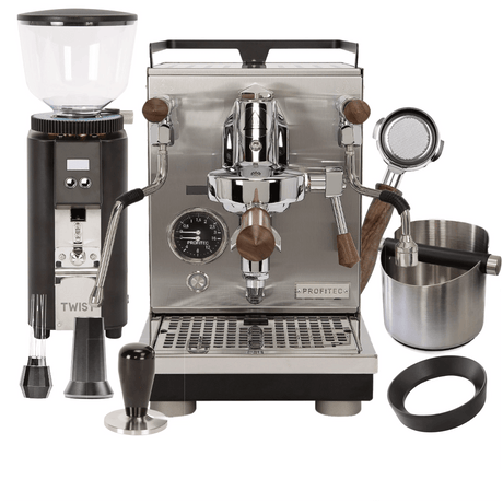 Profitec Jump Espresso Machine & Profitec Twist A54 Grinder (Black), WDT tool, HCS Knock Box, HCS Brown Wood Bottomless Portafilter, Dosing Funnel "Ready To" Bundle Espresso Machine Profitec