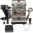 The Profitec Jump Espresso Machine & MAHLKÖNIG X64SD Grinder bundle includes a WDT tool, brown wood bottomless portafilter, scale, and dosing funnel—everything you need for premium espresso at home.
