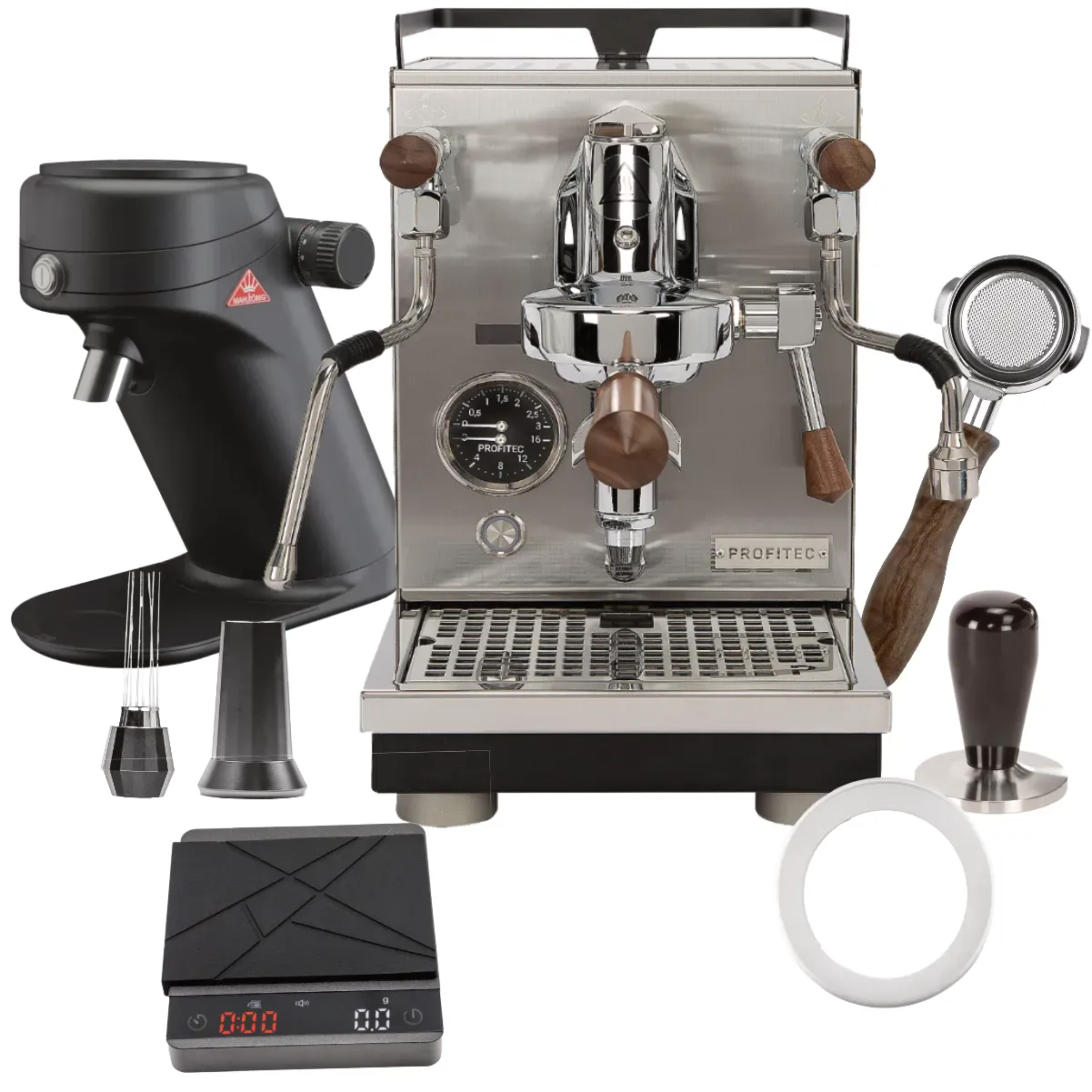 The Profitec Jump Espresso Machine & MAHLKÖNIG X64SD Grinder bundle includes a WDT tool, brown wood bottomless portafilter, scale, and dosing funnel—everything you need for premium espresso at home.