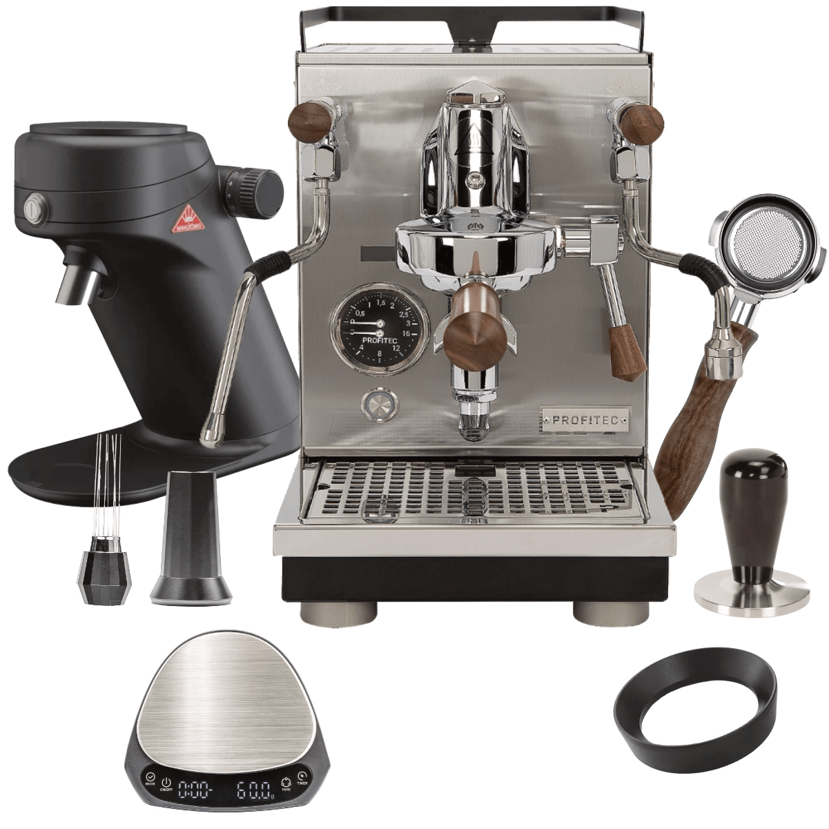 Profitec Jump Espresso Machine & MAHLKÖNIG X64SD Grinder(Black), WDT tool, Brown Wood Bottomless Portafilter, Scale, Dosing Funnel "Ready To" Bundle Espresso Machine Profitec