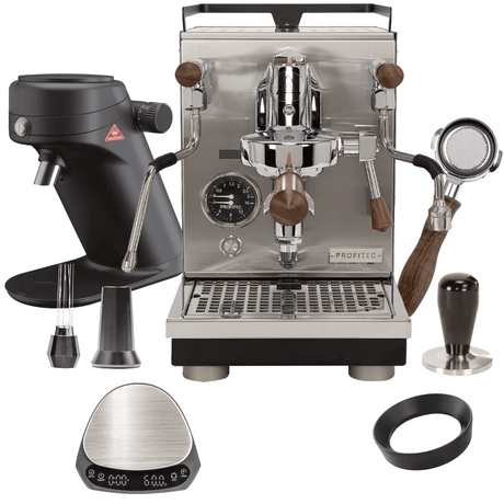 Profitec Jump Espresso Machine & MAHLKÖNIG X64SD Grinder(Black), WDT tool, Brown Wood Bottomless Portafilter, Scale, Dosing Funnel "Ready To" Bundle Espresso Machine Profitec