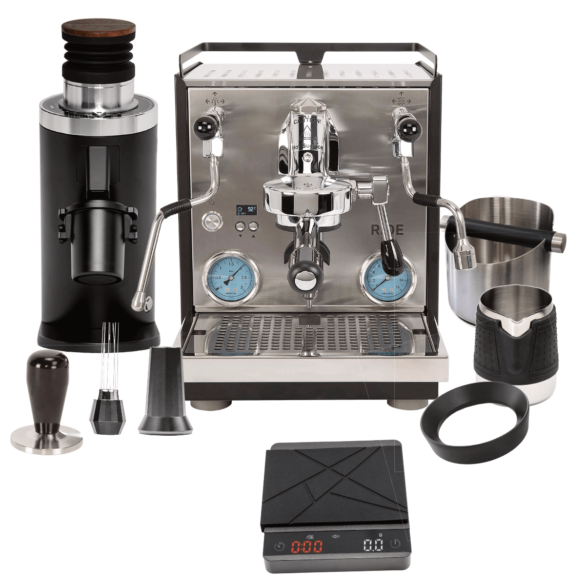 Profitec Ride Espresso Machine & DF64 Grinder with Red Speed Titanium Burr (Black), WDT tool, HCS Knock Box, HCS Handless Milk Pitcher, Scale, Dosing Funnel "Ready To" Bundle Espresso Machine Profitec