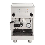 The Profitec Pro 300 Dual Boiler PID Espresso Machine, made of stainless steel, features a minimalist design with two black handles, steam wand, precise pressure gauge, user-friendly knobs and indicator lights on the control panel, and includes a drip tray.