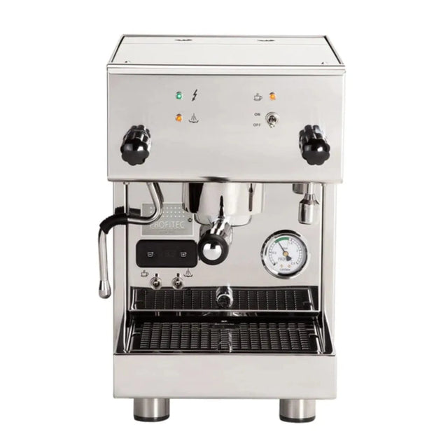 The Profitec Pro 300 Dual Boiler PID Espresso Machine, made of stainless steel, features a minimalist design with two black handles, steam wand, precise pressure gauge, user-friendly knobs and indicator lights on the control panel, and includes a drip tray.