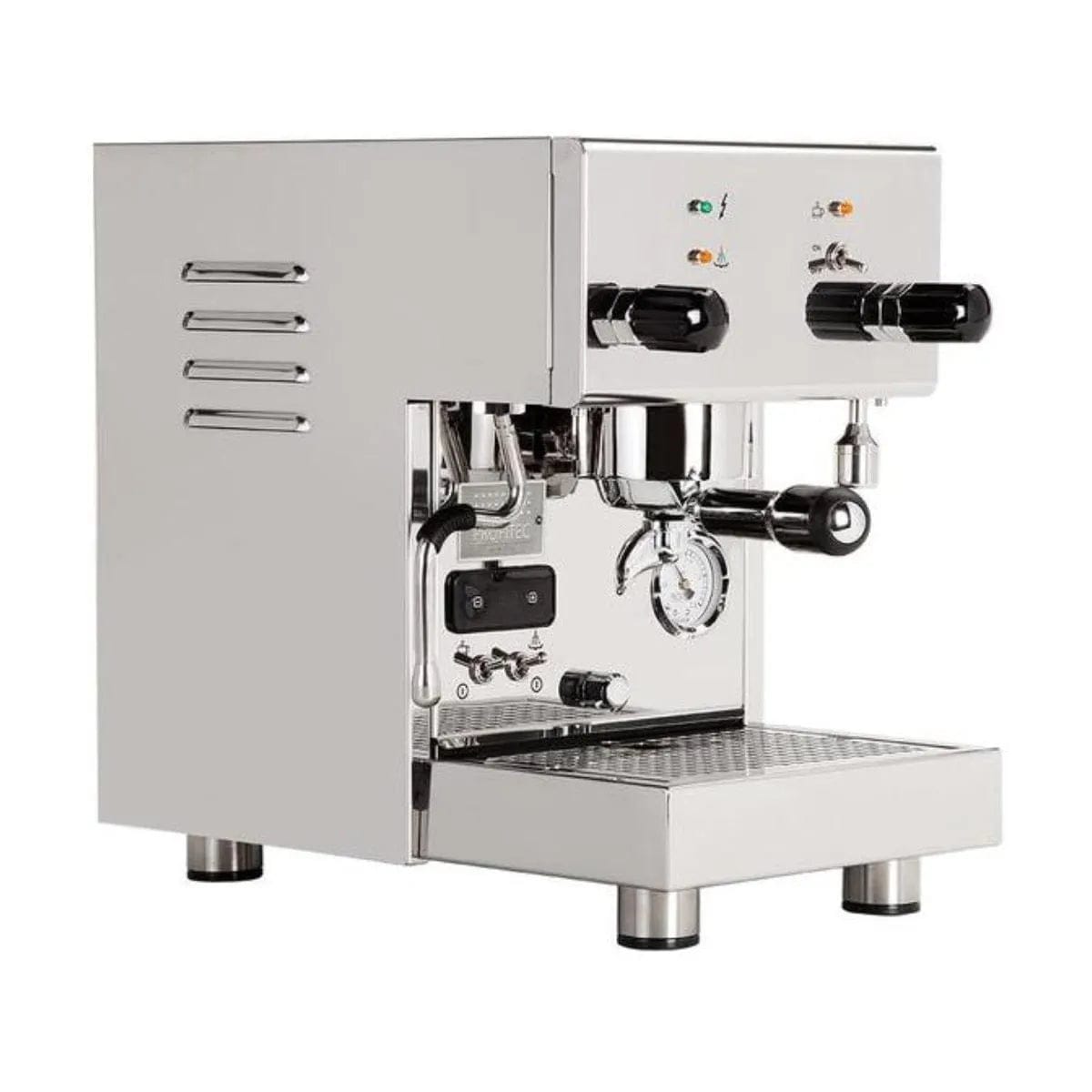 The Profitec Pro 300 Dual Boiler PID Espresso Machine in stainless steel features dual knobs, a pressure gauge, a portafilter, and a side steam wand. Its open box design includes a drip tray at the bottom, elegantly set against a white background.