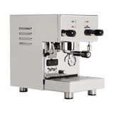 The Profitec Pro 300 Dual Boiler PID Espresso Machine in stainless steel features dual knobs, a pressure gauge, a portafilter, and a side steam wand. Its open box design includes a drip tray at the bottom, elegantly set against a white background.