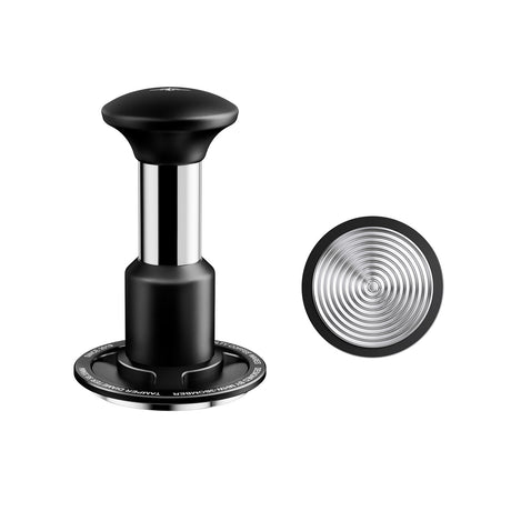 The MHW-3BOMBER Knight Impact Tamper 58.35mm (Black) is shown from the side and bottom, highlighting its 4-spring internal design and textured concentric circle pattern on the base.