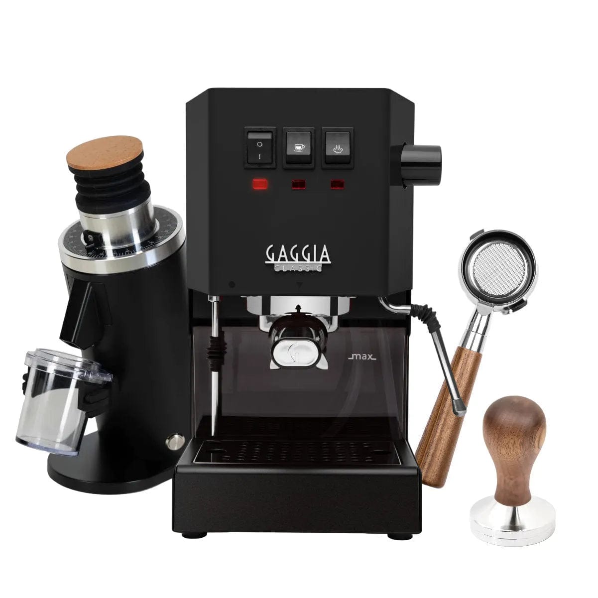 The Gaggia Classic E24 Thunder Black, featuring the DF54 (Black) Grinder with a clear container, is showcased against a white background. This bundle includes a Bottomless Walnut Portafilter with stainless steel construction and a Walnut Tamper, all elegantly displaying the Gaggia logo.