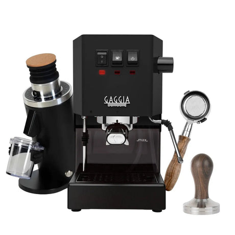 The Gaggia CYBER BUNDLE features the Classic E24 Thunder Black espresso machine, a DF54 black single dose grinder, a bottomless portafilter, and a tamper with wooden handle, all displayed against a white background.