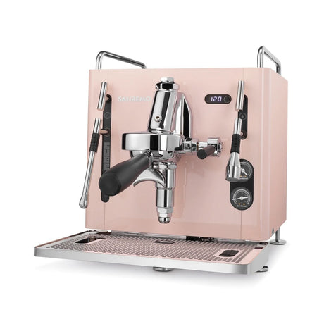 The Sanremo Cube R Heat Exchanger Espresso Machine with an E61 Group Head in pink is a sleek, modern device featuring dual pressure gauges, a central portafilter, steam wand, hot water dispenser, Wi-Fi connectivity, and a digital display reading "120." This smart espresso machine also includes a built-in drip tray and boasts a sturdy, compact design.