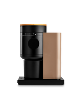 Fellow Opus 2 Conical Burr Grinder in malted chocolate with maple lid, front view