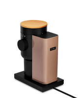 Fellow Opus 2 Conical Burr Grinder in malted chocolate with maple lid, side view