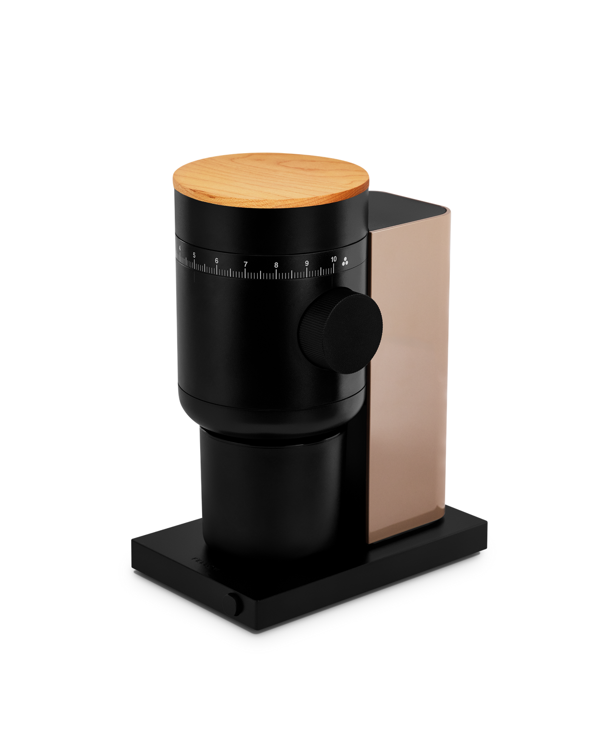 Fellow Opus 2 Conical Burr Grinder in malted chocolate with maple lid, detail