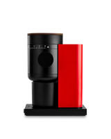 Fellow Opus 2 Conical Burr Grinder in cherry red with walnut lid, front view