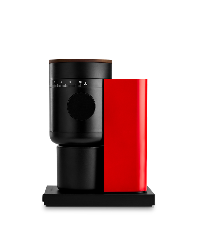 Fellow Opus 2 Conical Burr Grinder in cherry red with walnut lid, front view