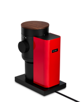 Fellow Opus 2 Conical Burr Grinder in cherry red with walnut lid, side view