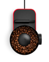 Fellow Opus 2 Conical Burr Grinder in cherry red with walnut lid, rear view