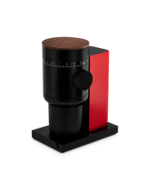 Fellow Opus 2 Conical Burr Grinder in cherry red with walnut lid, detail