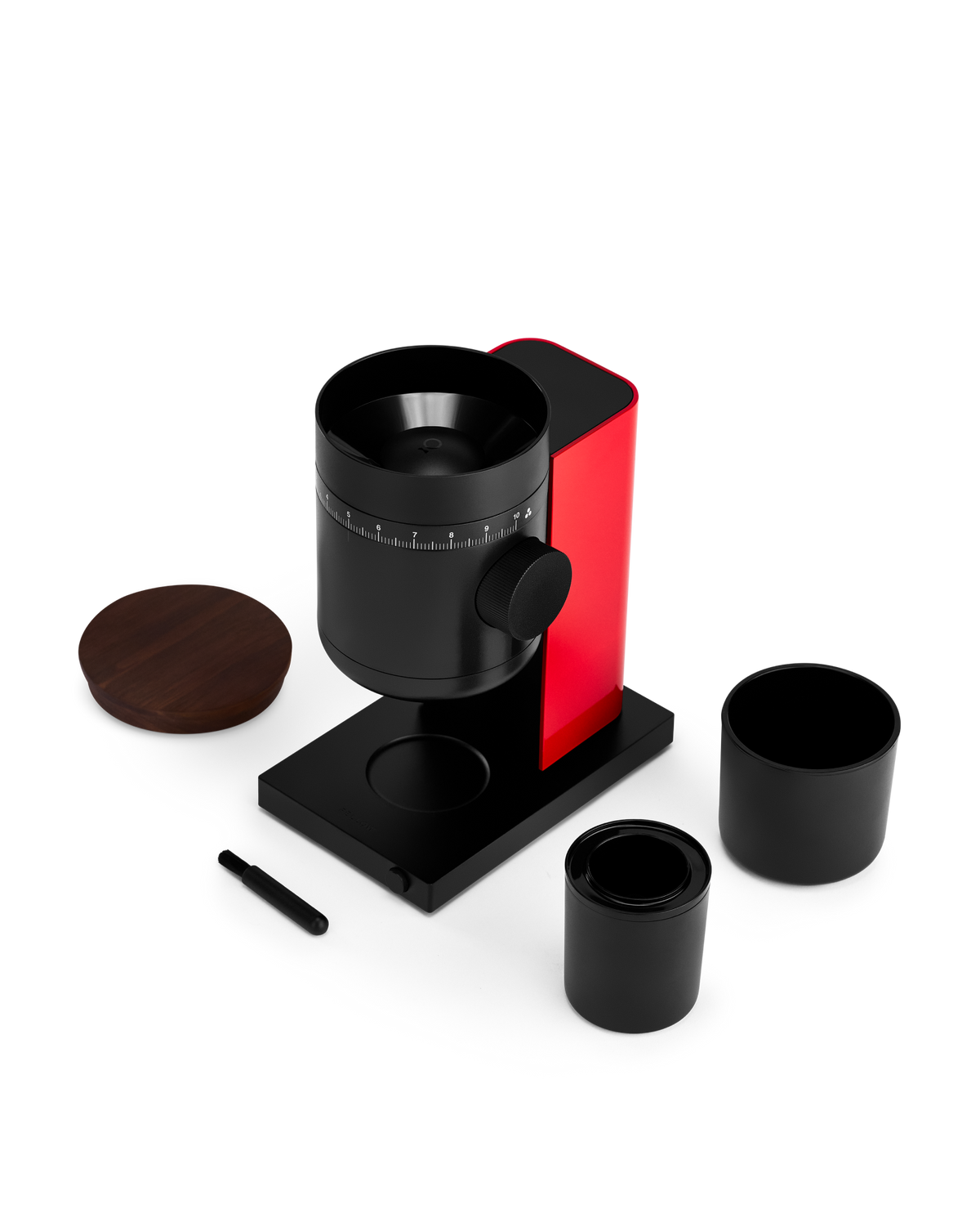 Fellow Opus 2 Conical Burr Grinder in cherry red with walnut lid, detail