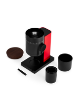Fellow Opus 2 Conical Burr Grinder in cherry red with walnut lid, detail