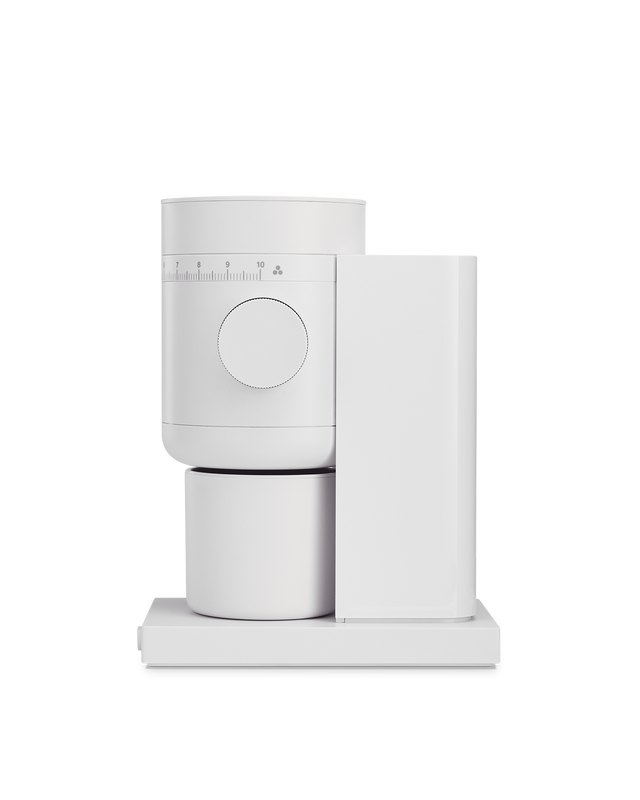 Fellow Opus 2 Conical Burr Grinder in matte white, front view
