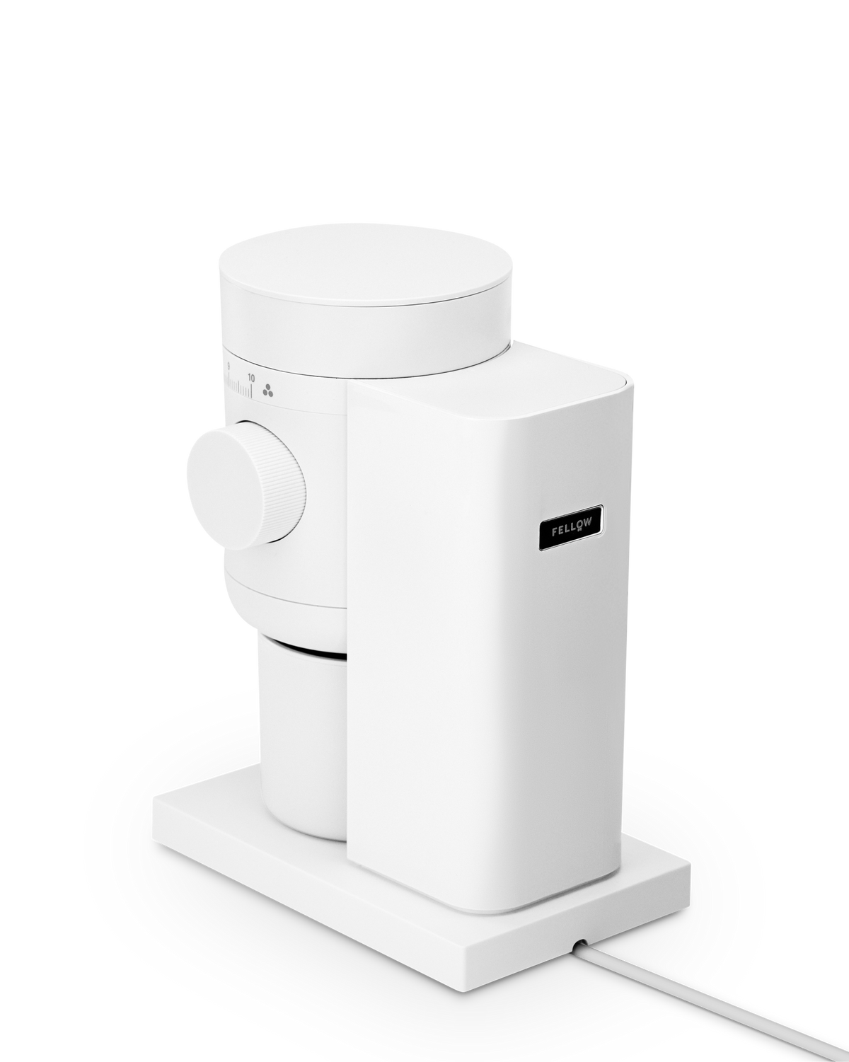 Fellow Opus 2 Conical Burr Grinder in matte white, side view