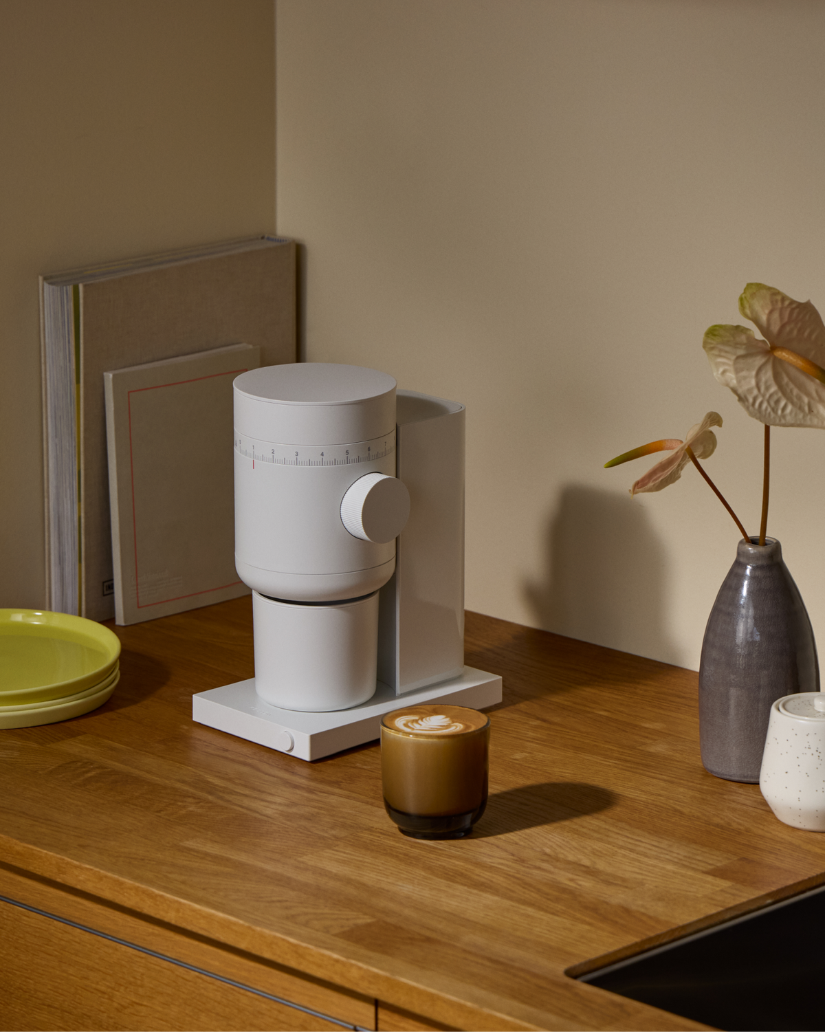 Fellow Opus 2 Conical Burr Grinder in matte white with catch cups