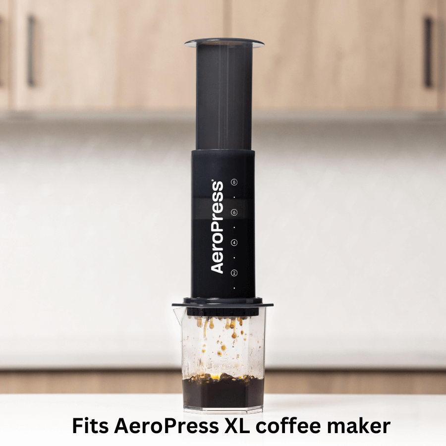 AeroPress XL Micro-Filters (1 Pack, 200 Count) by AeroPress are shown with a black AeroPress XL coffee maker brewing into a clear container. "Fits AeroPress XL coffee maker" appears at the bottom of the image.