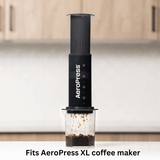 AeroPress XL Micro-Filters (1 Pack, 200 Count) by AeroPress are shown with a black AeroPress XL coffee maker brewing into a clear container. "Fits AeroPress XL coffee maker" appears at the bottom of the image.