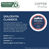 Discover Lavazza Dolcevita Classico Medium Roast K-Cup® Pods (Case of 60)—a balanced Arabica & Robusta blend, Kosher certified, compatible with Keurig brewers, and featuring recyclable packaging. Includes logos and recycling disclaimer.