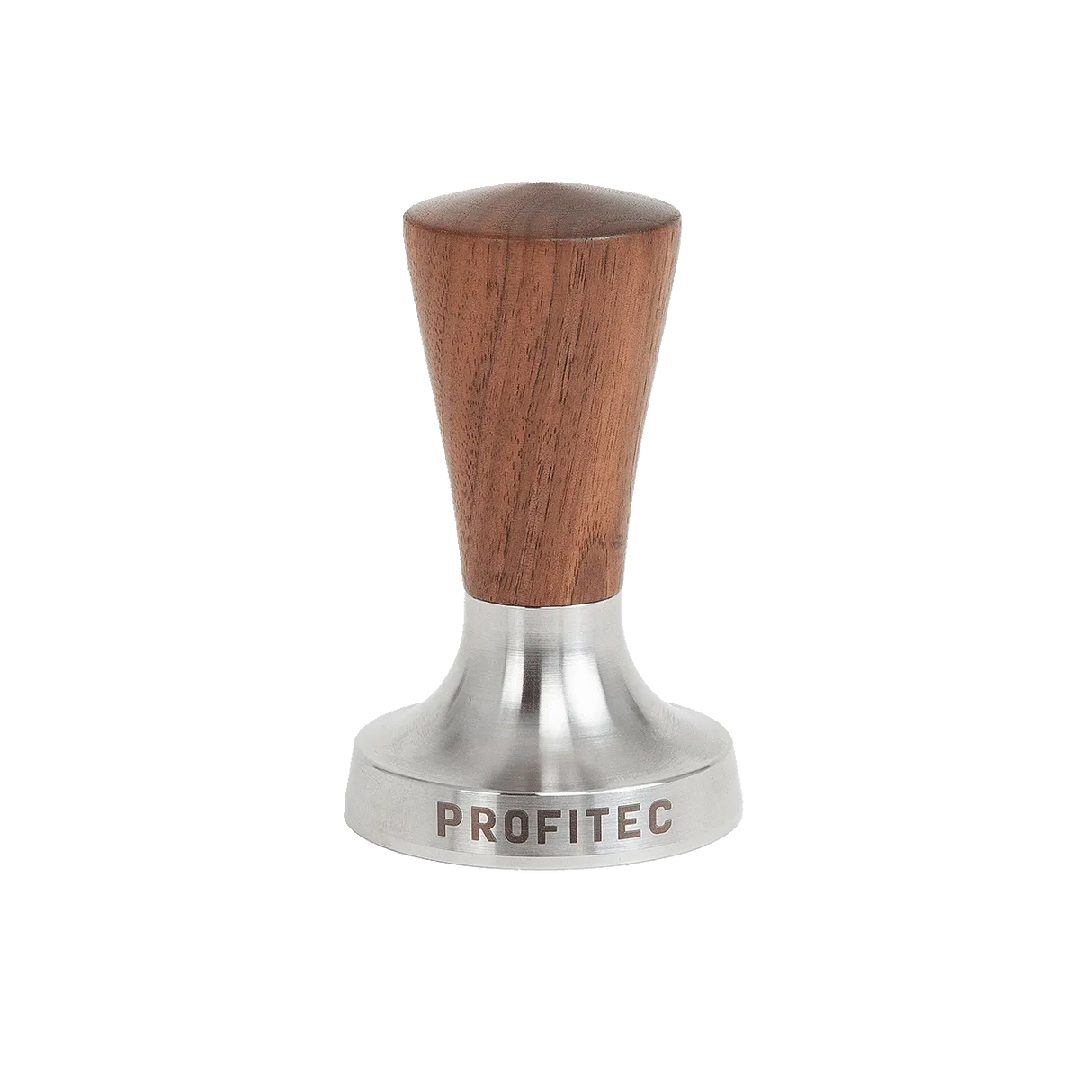 The Profitec 58mm Tamper (American Walnut), featuring a combination of metal and wood, has an American walnut handle and a polished 58mm espresso tamper base with the "PROFITEC" brand name engraved on the bottom rim. It is shown against a plain white background.