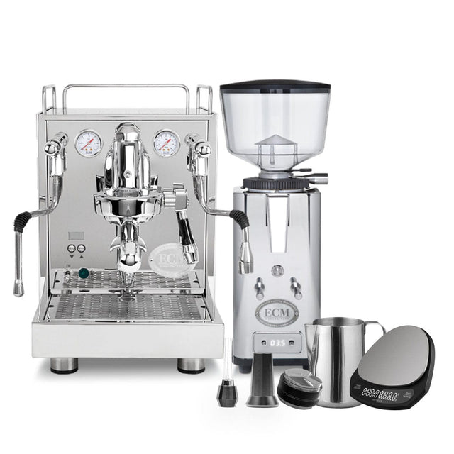 The setup includes the ECM Mechanika Max HX Espresso Machine with PID, paired with the ECM S-Automatik 64 Burr Grinder and barista tools bundle, featuring a silver milk frothing pitcher, cleaning brush, portafilter, and digital scale on a white background.