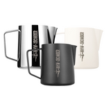 The MHW-3BOMBER Latte Art Trio Bundle features silver, black, and white 500ml pitchers with handles, each marked “WWII B-30 BOMBER” and a plane graphic.