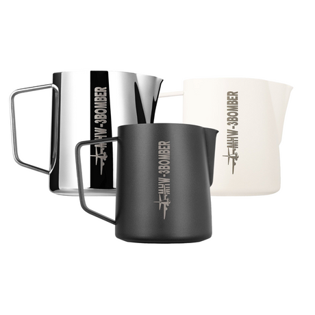 The MHW-3BOMBER Latte Art Trio Bundle features silver, black, and white 500ml pitchers with handles, each marked “WWII B-30 BOMBER” and a plane graphic.