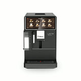 The Bellucci Latte Touch Super Automatic Espresso Machine by Bellucci features a black touchscreen display with various coffee options, a left-side milk reservoir, and a central coffee dispenser.