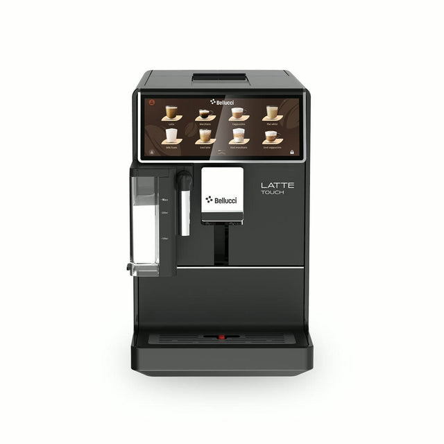 The Bellucci Latte Touch Super Automatic Espresso Machine by Bellucci features a black touchscreen display with various coffee options, a left-side milk reservoir, and a central coffee dispenser.