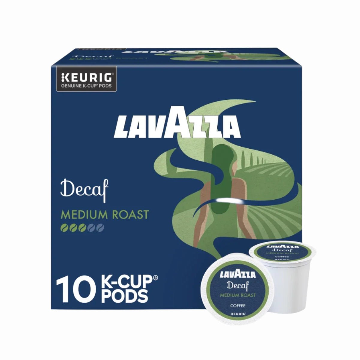 Lavazza Decaf Medium Roast K-Cup® Pods (Case of 10) by Lavazza. The box displays green and blue hills with coffee beans and two pods in front—perfect for a smooth, decaf brew in your Keurig.
