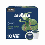Lavazza Decaf Medium Roast K-Cup® Pods (Case of 10) by Lavazza. The box displays green and blue hills with coffee beans and two pods in front—perfect for a smooth, decaf brew in your Keurig.