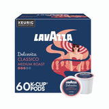 Lavazza Dolcevita Classico Medium Roast K-Cup® Pods (Case of 60) features stylish red, blue, and cream packaging with a chic woman in sunglasses by a pool. Enjoy quality coffee from Lavazza in every cup.