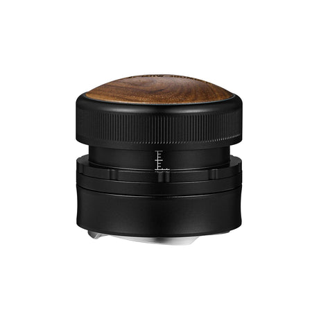 The MHW-3BOMBER Coffee Gravity Distributor 58.35mm features a black metal and wood design with a rounded wooden top, cyclone-shaped base, and side measurement markings, shown isolated on a white background.
