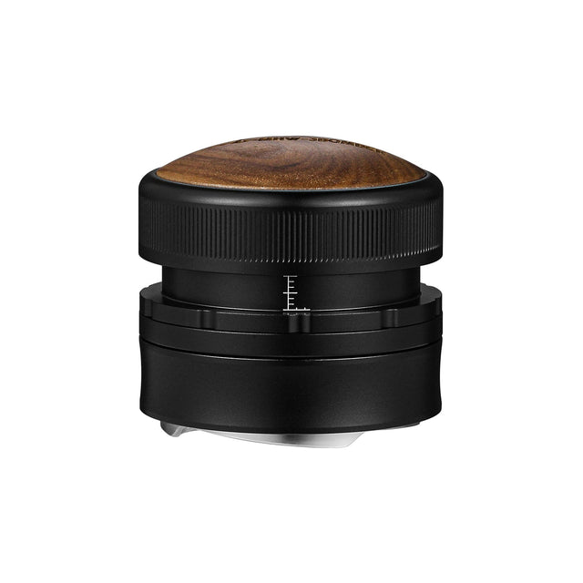 The MHW-3BOMBER Coffee Gravity Distributor 58.35mm features a black metal and wood design with a rounded wooden top, cyclone-shaped base, and side measurement markings, shown isolated on a white background.