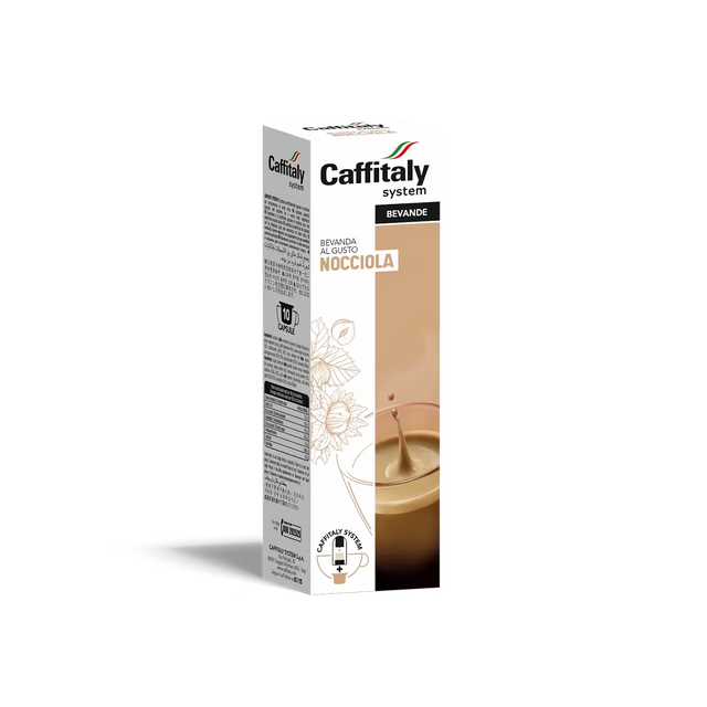 A box of Caffitaly Nocciola Hazelnut Coffee Capsules from Caffitaly offers a delicious hazelnut flavoured beverage. Decorated with hazelnut illustrations and a steaming cup of coffee on the packaging, these capsules are compatible with Caffitaly brewers, ensuring a rich and aromatic experience every time.