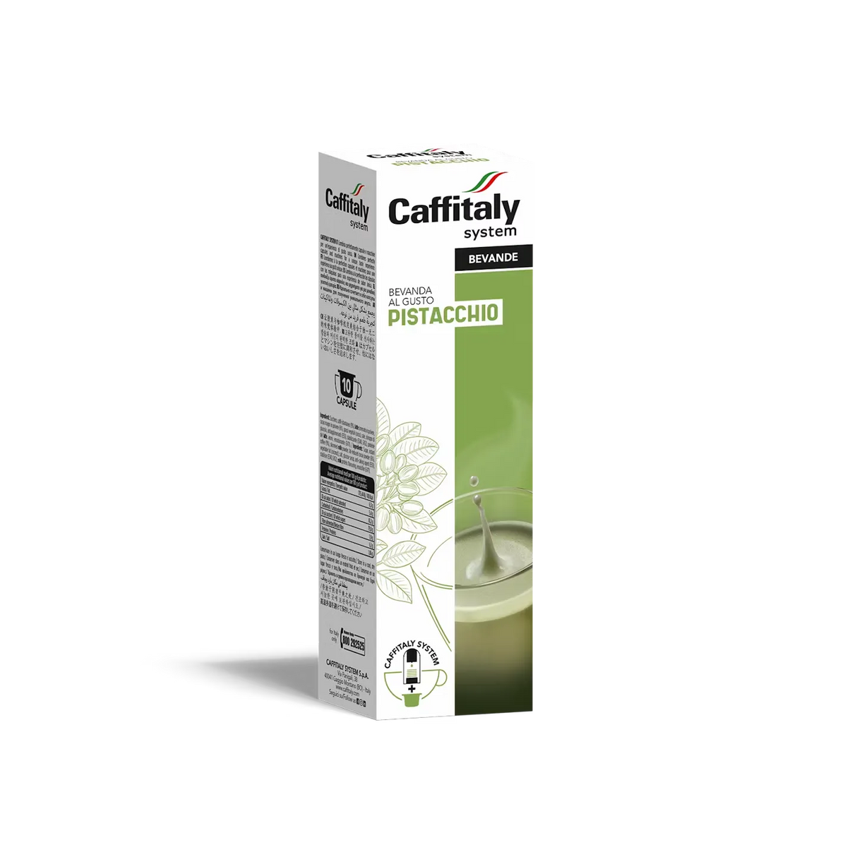 A box of Caffitaly Pistacchio Coffee Capsules from Caffitaly, featuring green accents, an image of a pistachio drink with a splash, and product details in Italian on a white background. These capsules are fully compatible with the Caffitaly System for your convenience.
