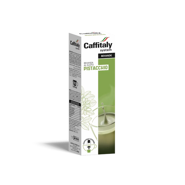 A box of Caffitaly Pistacchio Coffee Capsules from Caffitaly, featuring green accents, an image of a pistachio drink with a splash, and product details in Italian on a white background. These capsules are fully compatible with the Caffitaly System for your convenience.